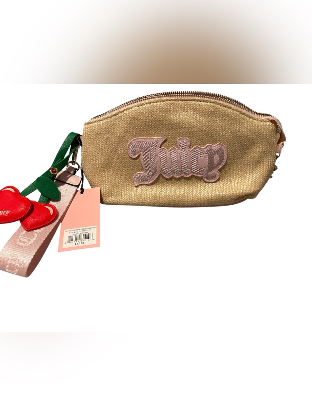 Juicy Couture Gold Woven Phone Case with Pink Logo and Red Cherry Charm